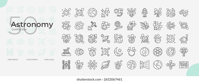 Conjunto de ícones editáveis de linha astronômica. Ilustração vetorial no estilo moderno de linha fina de ícones da astronomia: astronomia, galáxia, satélite, etc