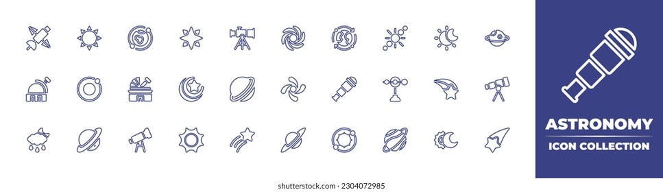 Astronomy line icon collection. Editable stroke. Vector illustration. Containing satellite, sun, globe, star, day and night, black hole, orbit, solar system, saturn, observatory, moon, astronomy.