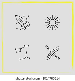 Astronomy line icon set constellation, sun and rocket