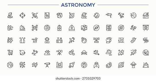 Symbolsatz für Astronomie-Linien. Enthalten lineare Symbole Raum, Galaxie, Universum, Planet und mehr. Galaxie-Symbolsatz. Bearbeitbare Strichauflistungen.
