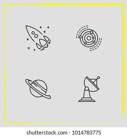 Astronomy line icon set galaxy, satellite antenna and saturn planet