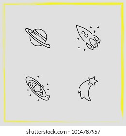 Astronomy line icon set galaxy system, rocket and saturn planet