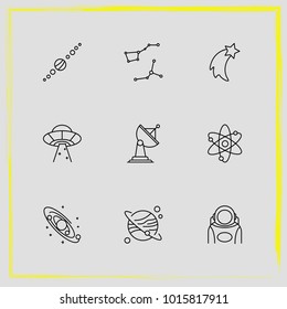 Astronomy line icon set galaxy system, satellite antenna and astronaut