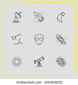 Astronomy line icon set galaxy, satellite antenna and rocket