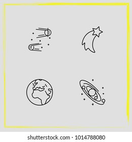 Astronomy line icon set planet, rocket and meteor shower