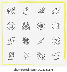Astronomy line icon set planet, satellite antenna and meteor shower
