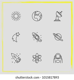 Astronomy line icon set rocket, satellite antenna and galaxy system