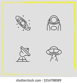 Astronomy line icon set satellite, spaceship and galaxy system