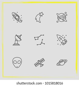 Astronomy line icon set satellite antenna, rocket and meteor shower