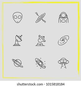 Astronomy line icon set satellite antenna, saturn planet and astronaut