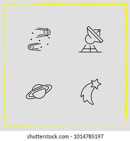 Astronomy line icon set  saturn planet, rocket and meteor shower