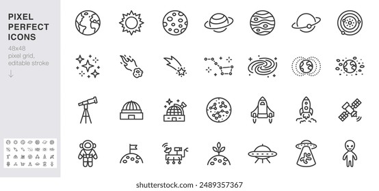 Conjunto de iconos de línea de astronomía. Planeta espacial, tierra, luna, sol, galaxia, astronauta cohete, Ilustraciones vectoriales mínimas alienígenas. Señales de contorno simples para la ciencia del cosmos. 48x48 Píxel Perfecto. Trazo editable