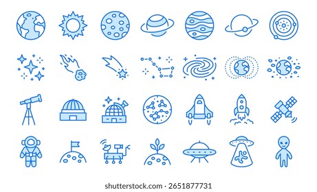 Conjunto de ícones da linha de astronomia. Planeta espacial, Terra, Lua, Sol, galáxia, astronauta de foguete, ilustrações vetoriais mínimas alienígenas. Sinais simples para a ciência do cosmos. Cor azul. Traço editável.