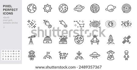 Astronomy line icon set. Space planet, Earth, moon, sun, galaxy, rocket astronaut, alien minimal vector illustrations. Simple outline signs for cosmos science. 48x48 Pixel Perfect. Editable Stroke