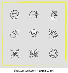 Astronomy line icon set spaceship, galaxy and planet