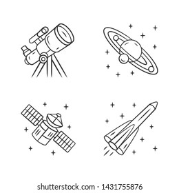 Astronomy linear icons set. Space exploration. Telescope, Solar System, artificial satellite, rocket. Astrophysics. Thin line contour symbols. Isolated vector outline illustrations. Editable stroke