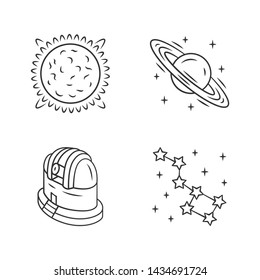 Astronomy linear icons set. Space exploration. Sun, Saturn, observatory, constellation. Astrophysics, astrology. Thin line contour symbols. Isolated vector outline illustrations. Editable stroke