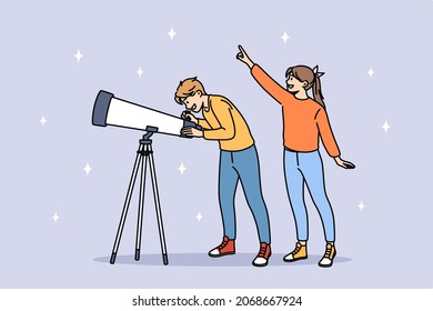 Astronomy and looking at stars concept. Smiling kids children boy and girl standing pointing at sky using telescope to watch space vector illustration