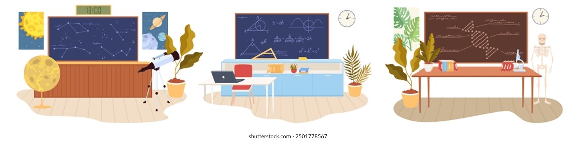 Astronomy, mathematics and biology school classroom interior set