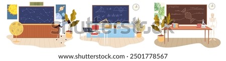 Astronomy, mathematics and biology school classroom interior set