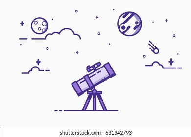 Astronomy mirror telescope. Discovery concept. Flat style, thick and thin line design of telescope looking to the stars and planets. Science discover. Blue ink colors. Comet and Jupiter with clouds.