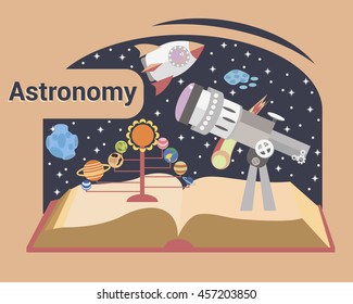 Astronomy. Modern illustration. Telescope on the open book on a background of the starry sky.