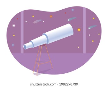 Astronomy museum with telescope background. Night sky with cosmos stars, galaxy vector illustration. School excursion or leisure activity scene. Science education wallpaper.