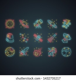 Astronomy neon light icons set. Space exploration. Astronomical observations. Starry sky study. Astrophysics, astrology. Celestial objects observing. Glowing signs. Vector isolated illustrations