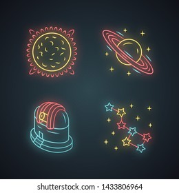Astronomy neon light icons set. Space exploration. Sun, Saturn, observatory, constellation. Astrophysics, astrology. Celestial objects observing, studying. Glowing signs. Vector isolated illustrations