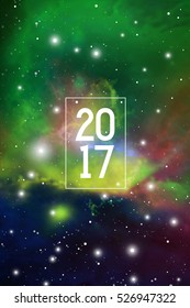 Astronomy New Year 2017 Greeting Card or Calendar Cover on Space Background.