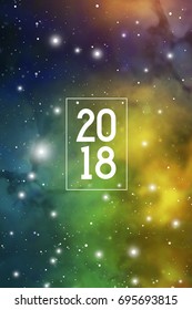 Astronomy New Year 2018 Greeting Card or Calendar Cover on Space Background.