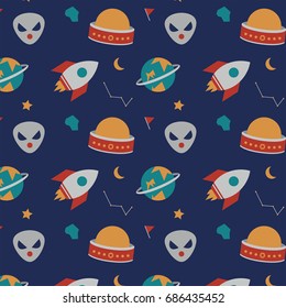 Astronomy objects seamless background. Flat design space illustration. Space cartoons: planet, ufo, alien, stars, crescent moon.