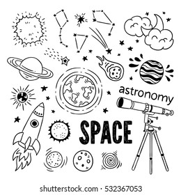 Astronomy objects vector set. Hand drawn telescope, science, planets, space ship, moon and sun, stars and constellation