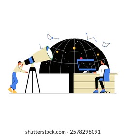 Astronomy Observatory With Researchers, Telescope, And Star Chart Flat Vector Illustration Symbolizing Space Exploration, Scientific Discovery, And Astrophysics, Isolated On White Background