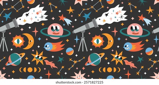 Astronomy and outer space Seamless pattern with Telescope, planets, rocket, comet and stars. Constellations, moon and sun. Trendy Vector illustration on black background, hand drawn, flat design