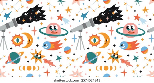 Astronomy and outer space Seamless pattern with Telescope, planets, rocket, comet and stars. Constellations, moon and sun. Trendy Vector illustration on light background, hand drawn, flat design