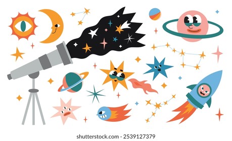 Astronomía y espacio exterior. Telescopio, planetas, cohetes, cometas y estrellas. Símbolos astrológicos, constelaciones, luna y sol. Lindos personajes divertidos. Ilustración vectorial aislada moderna de moda, plana