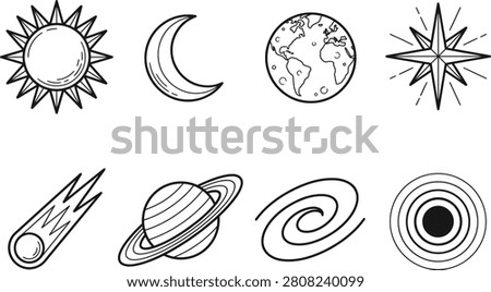 Astronomy outline vector set containing celestial body drawings cosmic universe elements for educational design projects.