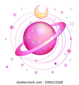 Astronomy: Pink Saturn planet. Hand-drawn colorful art. Kawaii style. Invitation elements. Isolated vector illustration. Tattoo, astrology, alchemy, magic, space and nature symbol background.