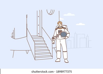 Astronomy and planet exploration concept. Smiling man Astronaut cartoon character in suit entering spaceship to take off walking into rocket ready for launching vector illustration