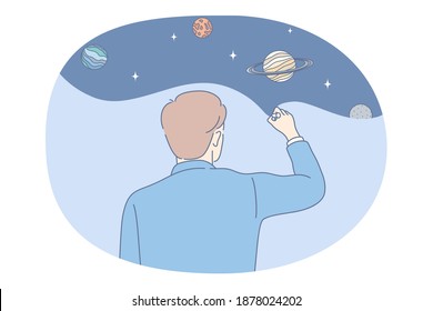 Astronomy and planetarium concept. Men scientist standing backwards and making picture of planets in universe and cosmos and galaxy vector illustration 