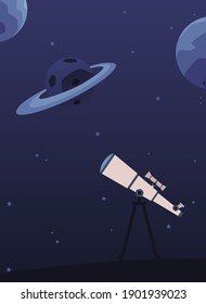 Astronomy poster with telescope on tripod looking at night sky with planets and stars - flat vector illustration of dark blue galaxy observation spot.