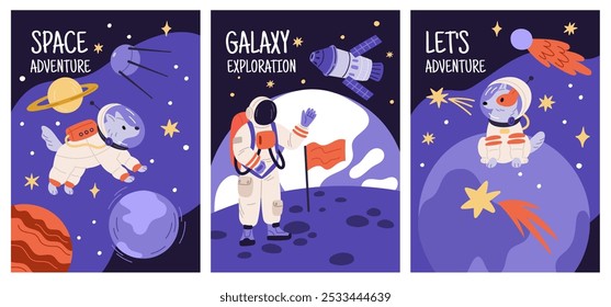 Astronomy posters. Space exploration. Man in spacesuit. Dog explorers. New planets discovered. Galaxy expedition. Astronauts spacewalk. Cosmos adventure. Cosmic shuttle