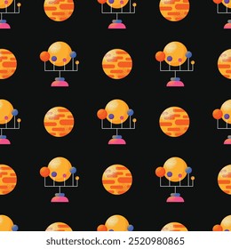 Astronomy Research Equipment seamless pattern. Space planet, Earth, galaxy, observatories, astronomical telescope, spacecraft, cosmos science, minimal vector illustrations isolated on background