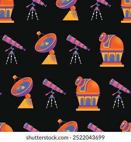 Astronomy Research Equipment seamless pattern. Space planet, Earth, galaxy, observatories, astronomical telescope, spacecraft, cosmos science, minimal vector illustrations isolated on background