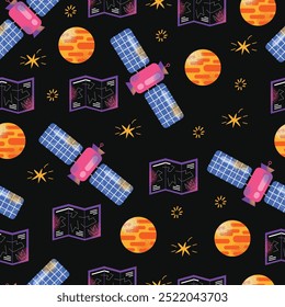 Astronomy Research Equipment seamless pattern. Space planet, Earth, galaxy, observatories, astronomical telescope, spacecraft, cosmos science, minimal vector illustrations isolated on background