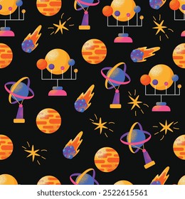 Astronomy Research Equipment seamless pattern. Space planet, Earth, galaxy, observatories, astronomical telescope, spacecraft, cosmos science, minimal vector illustrations isolated on background