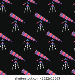 Astronomy Research Equipment seamless pattern. Space planet, Earth, galaxy, observatories, astronomical telescope, spacecraft, cosmos science, minimal vector illustrations isolated on background