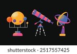 Astronomy Research Equipment set. Space planet, Earth, galaxy, observatories, astronomical telescope, spacecraft, cosmos science, minimal vector illustrations isolated on background