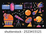 Astronomy Research Equipment set. Space planet, Earth, galaxy, observatories, astronomical telescope, spacecraft, cosmos science, minimal vector illustrations isolated on background